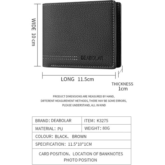 Men Wallet Black PU Material 4 Card Holder 2 Money Pockets 1 Clear Window - Picture 3 of 7
